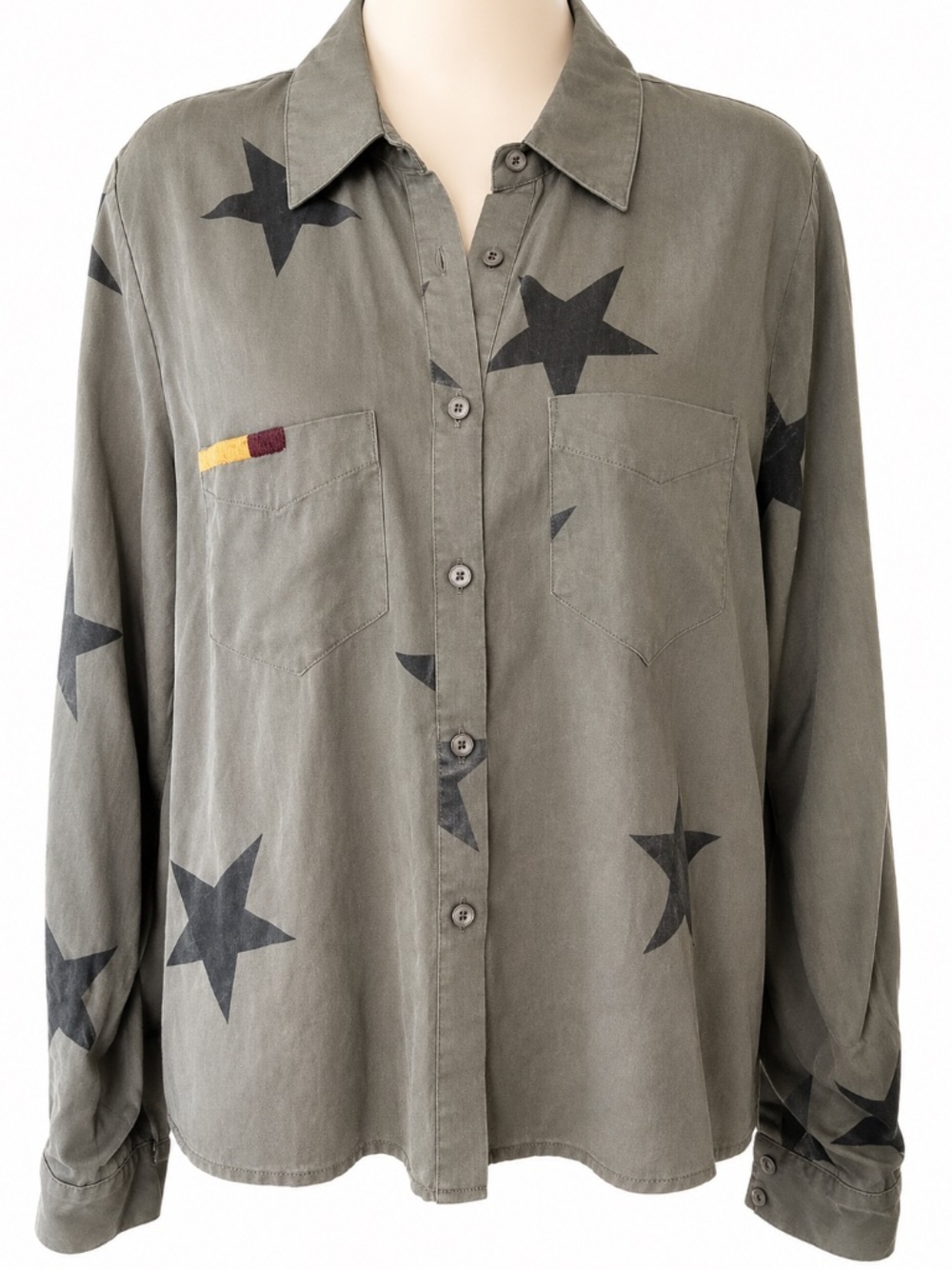 MISS ME Vintage Army Green Star Print Button Down Shirt
